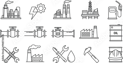 Collection of industrial and construction icons, featuring factories, tools, and machinery