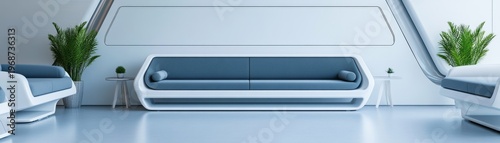 Sleek, Futuristic Lounge Central blue sofa flanked by armchairs and plants in a serene, minimalist setting. Modern interior design vision. Interior, Furniture