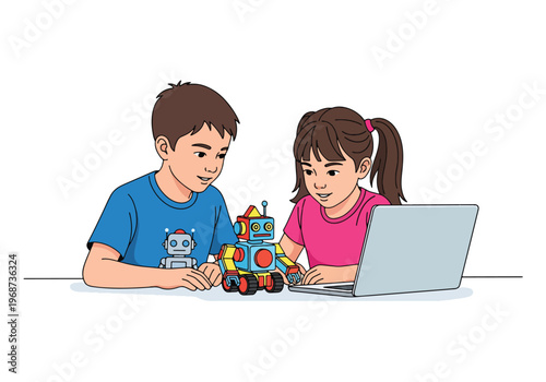 Flat style vector illustration of children learning coding and robotics with laptop and robot, modern STEM education concept for young students in classroom