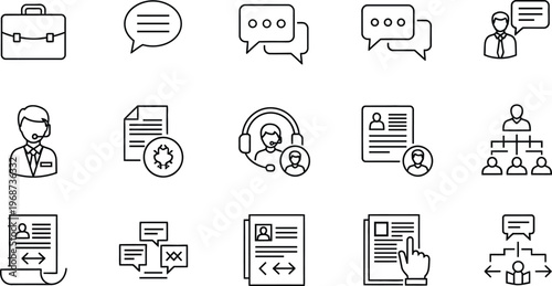 Business and career icons, including briefcase, documents, resumes, and people, speech bubble