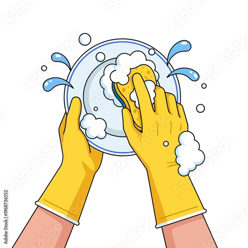 Hands in yellow gloves washing a plate with a sponge and soap bubbles, clean dishes