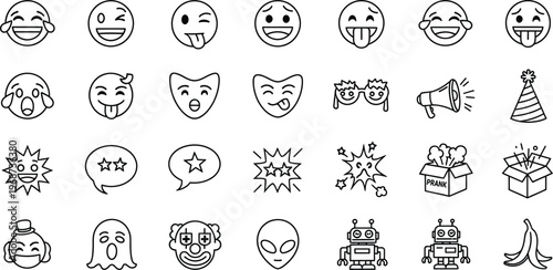 Set of expressive face icons, emojis, and abstract symbols representing emotions and communication, speech bubble