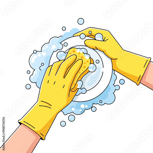 Hands in yellow gloves washing plate with sponge and soap bubbles on white background