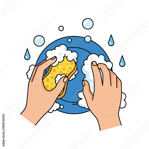 Hands washing a blue plate with a yellow sponge and soap bubbles, clean dishes