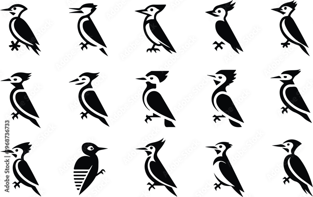 Fototapeta premium Woodpecker Silhouette Icon Collection Set