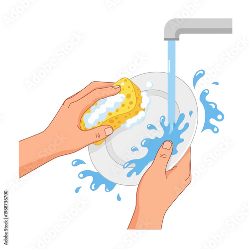 Hands washing a plate under running water with a sponge and soap
