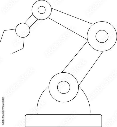 Industrial robotic arm line art, automated factory machine outline, minimalist mechanical engineering vector, robot claw icon isolated on white.