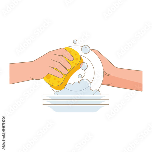Hands washing dishes with sponge and soap bubbles, clean kitchenware hygiene