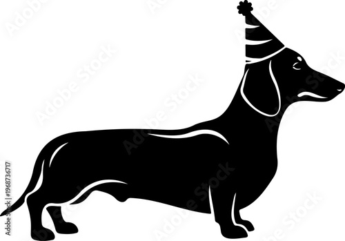 Standing Dachshund silhouette with party hat, funny Doxie dog birthday celebration pose, black Wiener dog vector icon isolated on white.