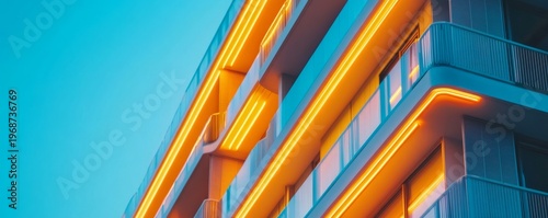 Striking Modern Facade Low-angle view of a building with glowing orange neon accent lights on balconies against a vibrant cyan sky, embodying urban futurism., Architecture,