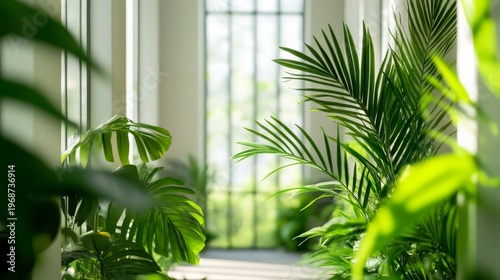 Sunlit Indoor Oasis Lush Monstera and Palm foliage in shallow DOF, framing a bright window, evoking biophilic serenity and natural light. ,greenery ,tranquility