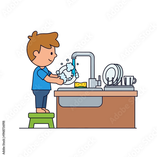 Happy Boy Washing Dishes at Kitchen Sink with Sponge and Bubbles