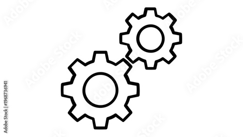 Minimalist vector icon illustration of two interlocking gears or cogs, symbolizing settings, mechanical processes, industry, or teamwork. Clean black line art, scalable AI-generated graphic.