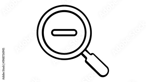 Minimalist vector icon illustration of a magnifying glass with a minus sign, representing zoom out or minimize functions for user interface design, web applications, and digital navigation UI.