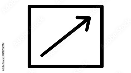 Minimalist black and white fullscreen vector icon illustration featuring a square frame with a diagonal arrow pointing upwards, perfect for UI/UX design, web interfaces, and digital apps.