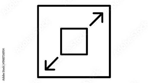 Maximize and expand vector icon illustration. Minimalist black line art design featuring a small square scaling up with diagonal arrows. Scalable UI element for web, mobile apps, and interfaces.