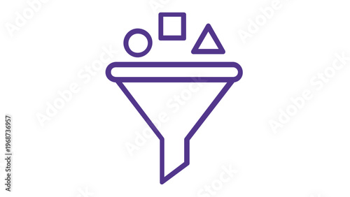 Minimalist purple gradient vector icon illustration of a data funnel sorting geometric shapes like circles, squares, and triangles, representing information processing, filtering, and UI design.