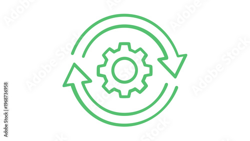 Blue and green gradient vector icon illustration of a gear with circular arrows, representing process automation, workflow optimization, system updates, and continuous improvement cycles.