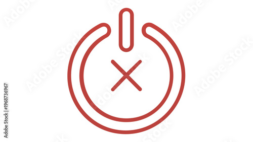 Red minimalist vector icon illustration of a power button with a cross symbol inside, representing system error, shutdown failure, emergency stop, or power off cancellation for UI design. Scalable