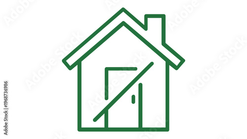 Green minimalist line art vector icon of a house with a diagonal slash through it, representing homelessness, eviction, housing crisis, or restricted access for web and graphic design projects.