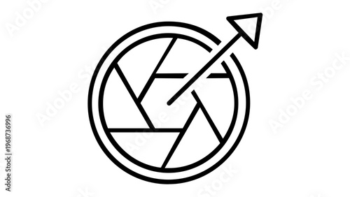 Minimalist vector illustration of a camera shutter aperture line icon with a diagonal arrow pointing outwards, perfect for photography apps, user interface design, and digital media projects.