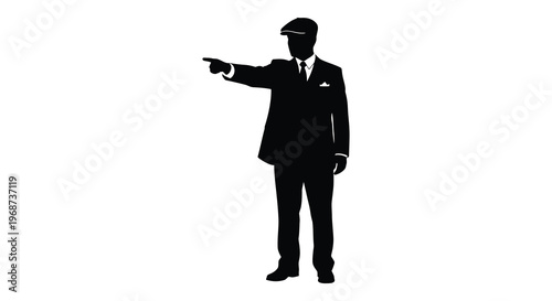 A sharply dressed man in a suit and cap points forward a striking black silhouette high quality professional detailed modern elegant