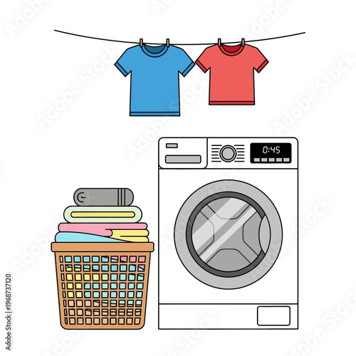 Laundry day illustration: T-shirts on clothesline, washing machine, basket of clean clothes