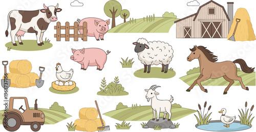 Farm Animals and Agriculture Icon Set with Cow Pig Sheep Horse Chicken Tractor Barn and Rural Farming Elements Illustration.