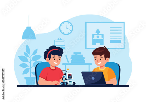 Flat style vector illustration of children learning coding and robotics with laptop and robot, modern STEM education concept for young students in classroom