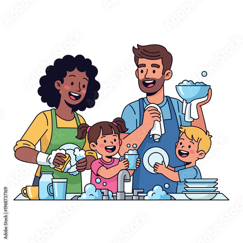 Happy Family Washing Dishes Together: Parents and Kids Doing Chores