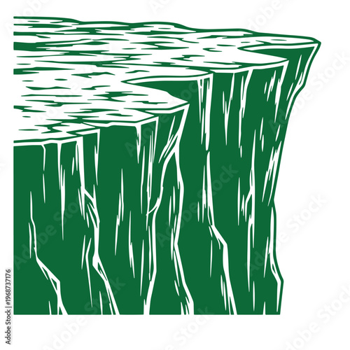 Green of a steep rocky cliff edge with jagged vertical textures and a flat plateau isolated on a white background