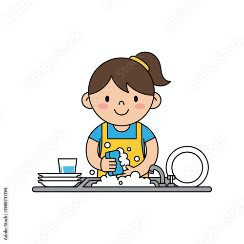 Happy Girl Washing Dishes in Kitchen Sink with Bubbles and Sponge