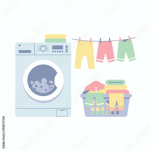 Laundry Day: Washing Machine, Clothesline with Hanging Garments, and Laundry Basket