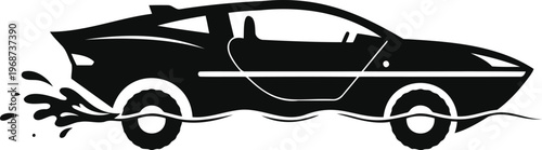 Unique flat vector silhouette of an amphibious recreational vehicle (aquacar) driving into water