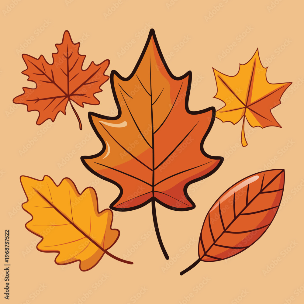 Obraz premium Autumn maple and oak leaves collection, warm golden tones background