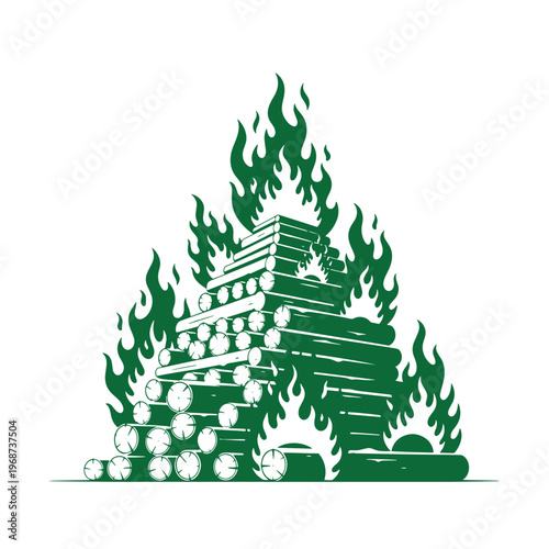 Green silhouette of a stacked pyramid of wooden logs burning with stylized flames on a white background