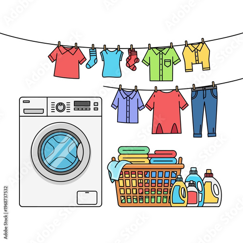 Laundry Day: Washing Machine, Clothesline, Basket, Detergent - Flat Design
