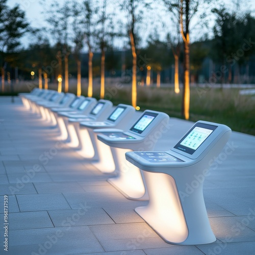 Twilight perspective A sleek line of glowing, interactive smart benches with digital screens in a modern park, symbolizing urban tech integration. Future Cities, Public Amenities
