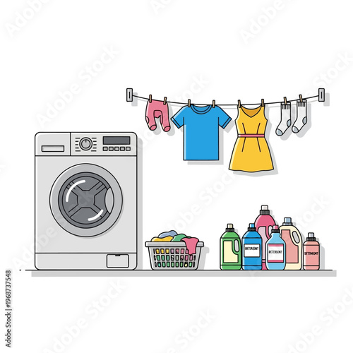 Laundry Day: Washing Machine, Clothesline, Detergents, and Basket