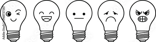 Light bulb emotion icons, cartoon facial expressions, mood symbol illustration, creative idea graphic, emotional intelligence design, expressive bulb vector