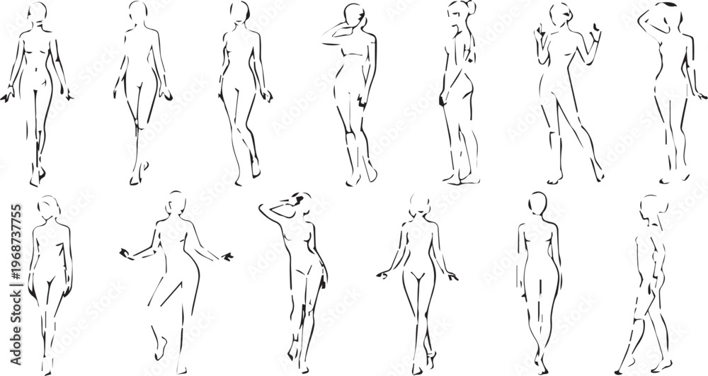 Fototapeta premium Set of 15 Female Figure Drawing Poses Vector isolated PNG with Transparent Background