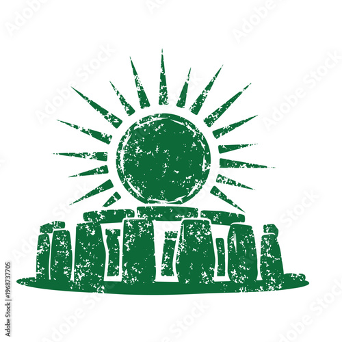 Green silhouette of stonehenge megalithic monument with a rising sun and radiating light beams featuring a distressed weathered texture on a white background