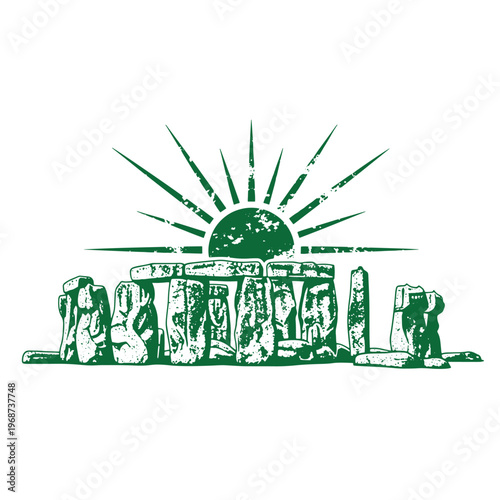 Green silhouette of stonehenge megalithic monument with a rising sun and radiating light beams isolated on a white background 1