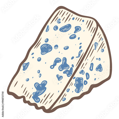 Blue cheese, creamy wedge with mold, premium product, colourful, hand-drawn illustration, line art contour, isolated