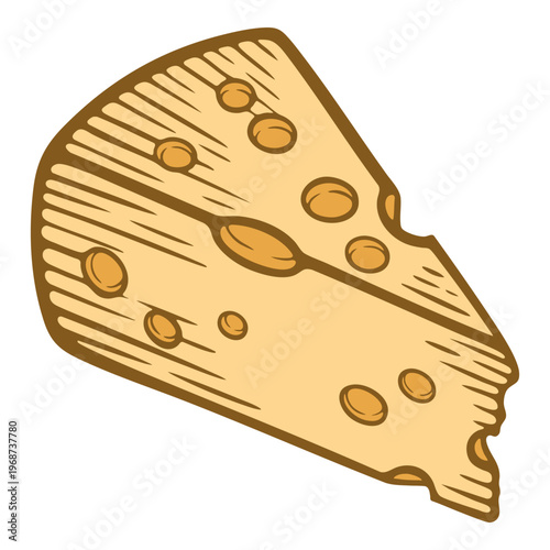 Hard swiss cheese wedge, piece with holes, colourful, hand-drawn illustration, line art contour, isolated