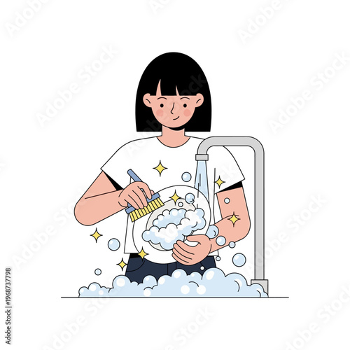 Woman washing dishes with brush and soap bubbles under running water