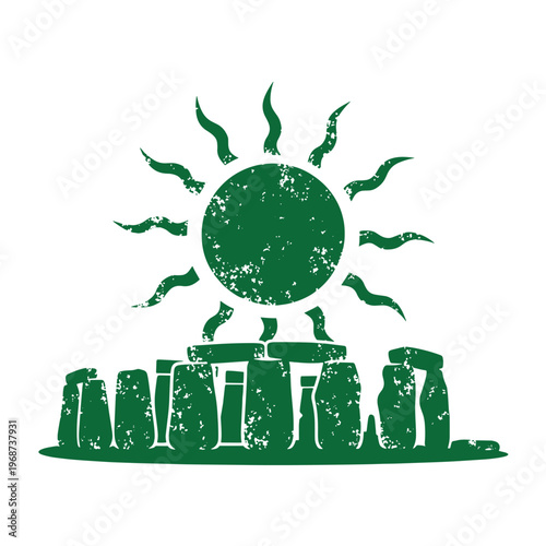 Green silhouette of stonehenge with a stylized sun featuring wavy rays and a distressed vintage texture on a white background
