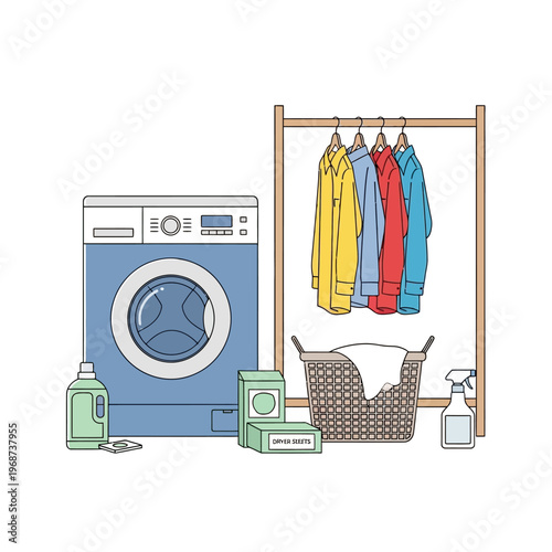 Laundry room essentials: washing machine, clean clothes on rack, basket, and cleaning supplies