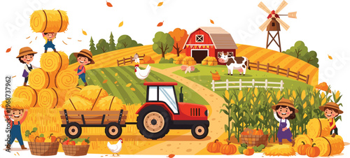 Farm Harvest Scene Illustration Set Featuring Tractor, Barn, Hay Bales, Pumpkins, and Farm Workers for Kids' Designs