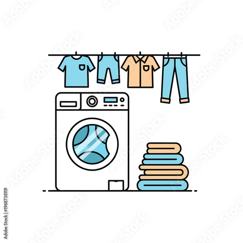 Laundry Room Scene: Washing Machine, Clothes Drying, Stacked Towels - Flat Design